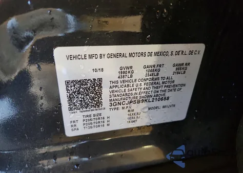 2019 Chevrolet Trax 1Lt from USA, damaged, VIN 3GNCJPSB9KL210658